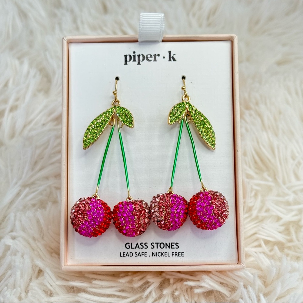 Piper K Cherry Hanging Earrings Glass Stones Fuchsia Red Pink Green Gold 2.5" - Picture 8 of 9